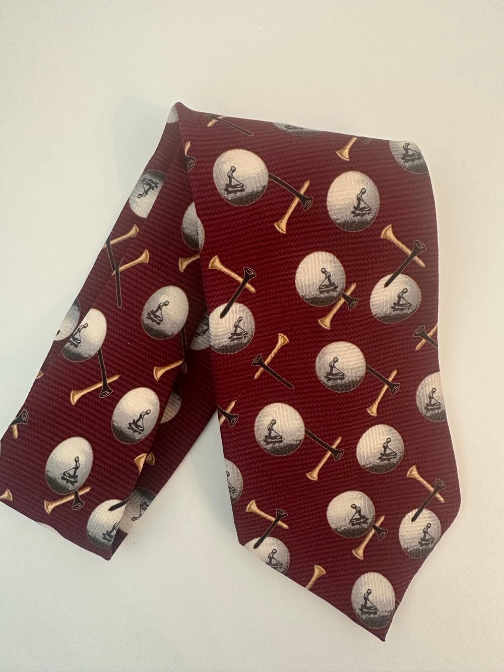 Vintage Pinehurst Resort 1895 Golf Ball and Tee Pattern Maroon Silk Necktie